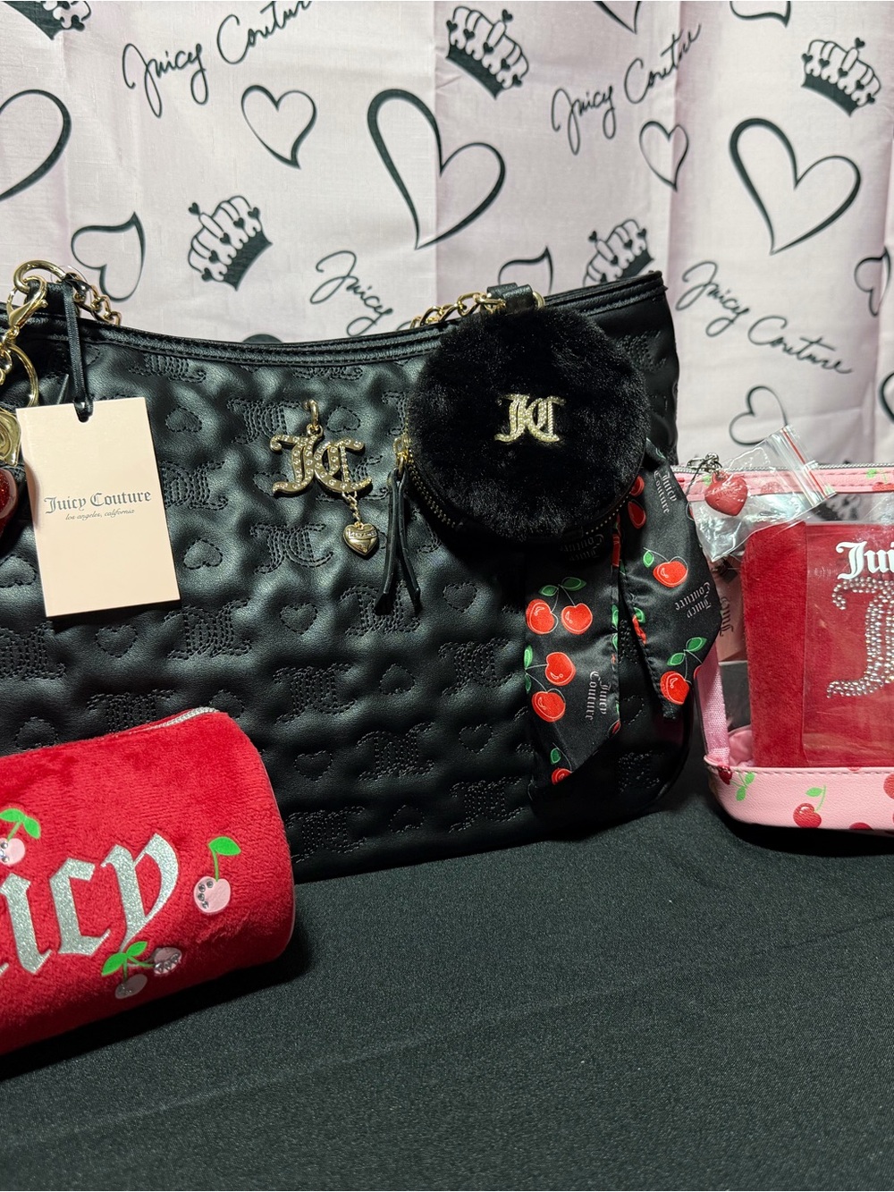 Juicy Couture Black Quilted Logo Shoulder Bag with Cherry Scarf Charm & pouches